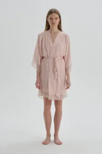 Dagi Dark Pink Patterned Satin Dressing Gown with Lace Detail