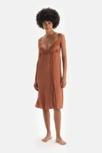 Dagi Brown Slit Lace Detailed Satin Nightgown #5815631