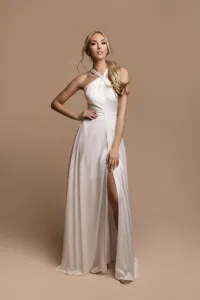 Biele saténové šaty s vysokým rozparkom Veľkosť: L