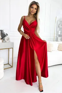 Červené lesklé šaty s rozparkom Veľkosť: L
