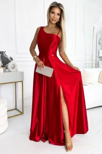 Červené lesklé šaty s rozparkom Veľkosť: M #8849490