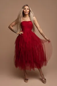 Červené midi šaty s nariaseným tylom Veľkosť: M
