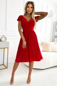 Červené trblietavé midi šaty s volánikovými rukávmi Veľkosť: S