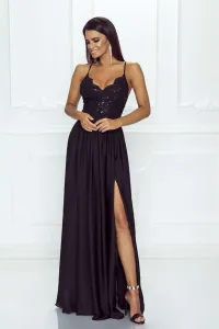 Čierne spoločenské šaty s flitrami a saténovou sukňou Veľkosť: L