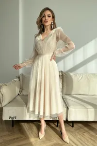 Krémové tylové midi šaty s jemnými flitrami Veľkosť: XL