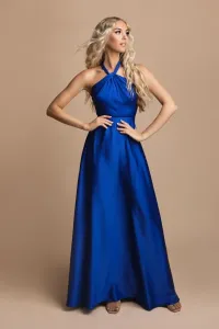 Modré saténové šaty s vysokým rozparkom Veľkosť: L