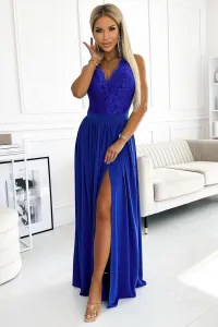 Modré spoločenské šaty s čipkou a výrezom na chrbte Veľkosť: L