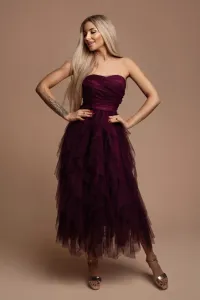 Purpurové midi šaty s nariaseným tylom Veľkosť: L