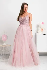 Ružové spoločenské šaty s krajkou a tylovou sukňou Veľkosť: L