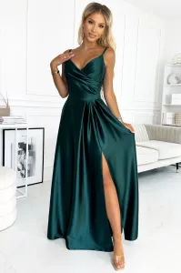 Smaragdové lesklé šaty s rozparkom Veľkosť: L #7397659