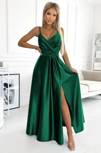 Smaragdové lesklé šaty s rozparkom Veľkosť: L