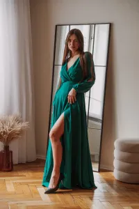 Smaragdové spoločenské šaty s rukávmi a rozparkom Veľkosť: L