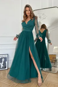 Smaragdové spoločenské šaty s tylovou sukňou a rukávmi Veľkosť: L