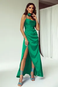Zelené lesklé šaty s rozparkom Veľkosť: L