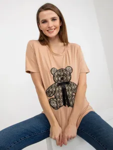 Dámske béžové bavlnené tričko s medvedíkom a 3D kravatou - UNI