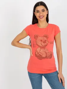 Korálové vypasované tričko s krátkym rukávom a medvedíkom - M