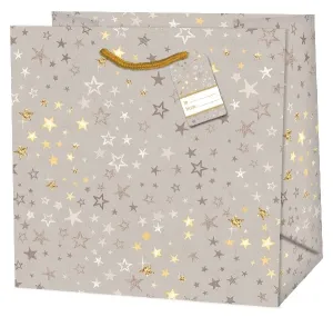 Taška darčeková štvorcová Hviezdy zlato-strieborné 15 x 14,5 x 6 cm
