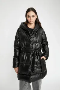DEFACTO Waterproof Regular Fit Hooded Faux Leather Long Puffer Jacket #9050191