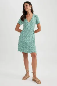 DEFACTO A-Line Wrap Collar Patterned Mini Short Sleeve Dress
