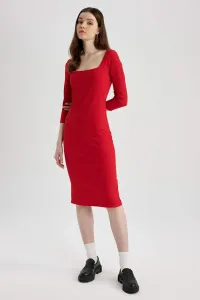 DEFACTO Bodycon Square Neck Ribbed Camisole Midi Long Sleeve Dress