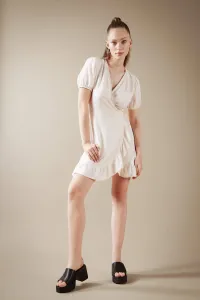 DEFACTO Wrap Collar linen Mini Short Sleeve Woven Dress #7540245
