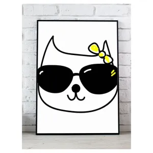 Bieločierny detský plagát na stenu - mačka s okuliarmi