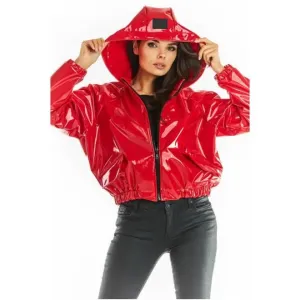 Červená vinylová krátka bunda s kapucňou pre dámy #4051406