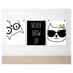 Čierno biela sada plagátov na stenu s mačičkami
