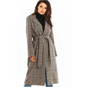 Dámsky dlhý károvaný kabát s opaskom v tmavomodrej farbe #4051356