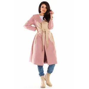 Dámsky dlhý semišový kabát s opaskom v ružovo-béžovej farbe #4054907