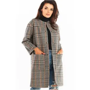 Dámsky károvaný kabát bez goliera v tmavomodrej farbe #4051410