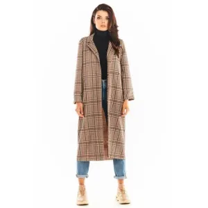 Hnedý dlhý károvaný kabát s opaskom pre dámy #4051408