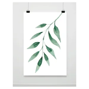 Jemný biely plagát na stenu s motívom zeleného listu