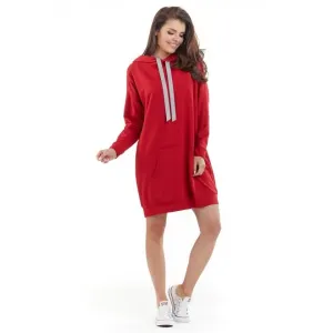 Mikinové dámske šaty červenej farby s kapucňou