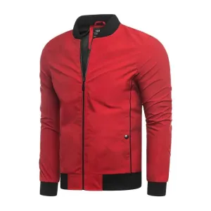 Jarná pánska bunda červenej farby bez kapucne vo výpredaji