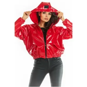 Červená vinylová krátka bunda s kapucňou pre dámy #4077933