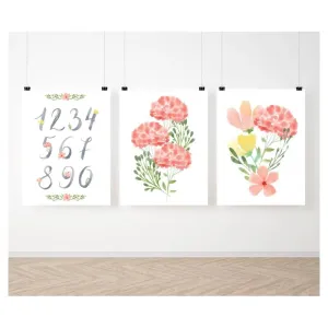 Závesná sada maľovaných plagátov s kvetinami a číslami