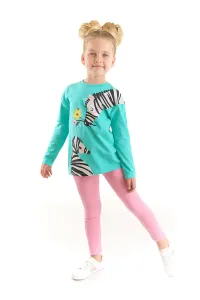 Denokids Floral Zebra Girl's Turquoise T-shirt with Pink Leggings Set