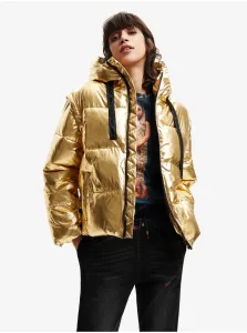 Dámska prešívaná zimná bunda s kapucňou v zlatej farbe Desigual Jiman #614999