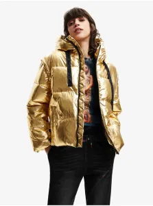 Dámska prešívaná zimná bunda s kapucňou v zlatej farbe Desigual Jiman #615000