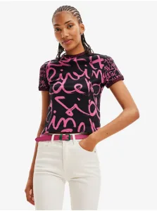 Pink-Black Womens Patterned T-Shirt Desigual Lettering Retro - Women