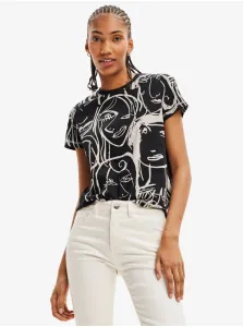 Beige-Black Women's Patterned T-Shirt Desigual Maca 9 - Women #7173032