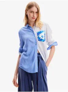 Women's White and Blue Striped Shirt Desigual Flower Pocket - Women #9083914