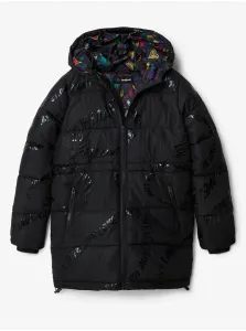 Čierny dievčenský zimný prešívaný kabát Desigual Letters #642100