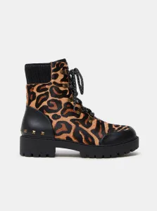 Hnedé dámske kožené členkové topánky s leopardím vzorom Desigual Biker Leopard #1050620