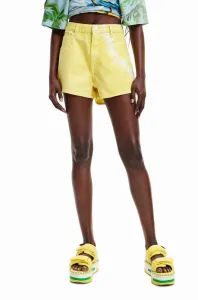 Rifľové krátke nohavice Desigual dámske, žltá farba, s potlačou, vysoký pás