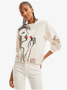 Bavlnená mikina Desigual x Disney dámska, biela farba, s kapucňou, vzorovaná
