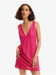 Tmavo ružové dámske krajkové šaty Desigual Lace