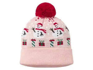 Detská pletená vianočná čiapka (116/128, snehuliak/ružová)