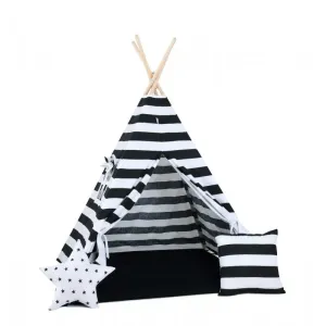 Detský teepee stan Čierno - biely + podložka, dekoračné vankúšiky